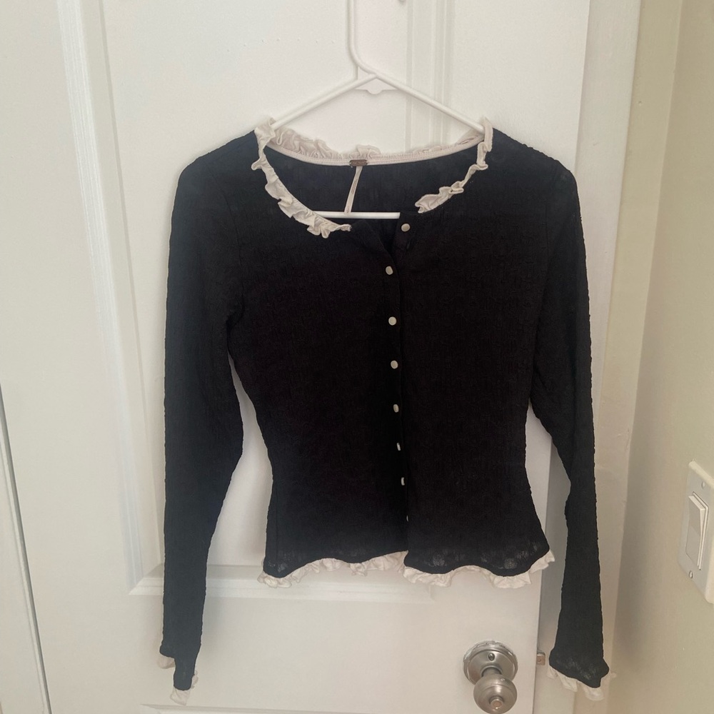 Free People Black Ruffled Button-Up Women's Top
